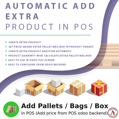 Automatic add extra product in pos odoo, Add bag in pos odoo, Add Pallet in pos odoo, add box in pos odoo