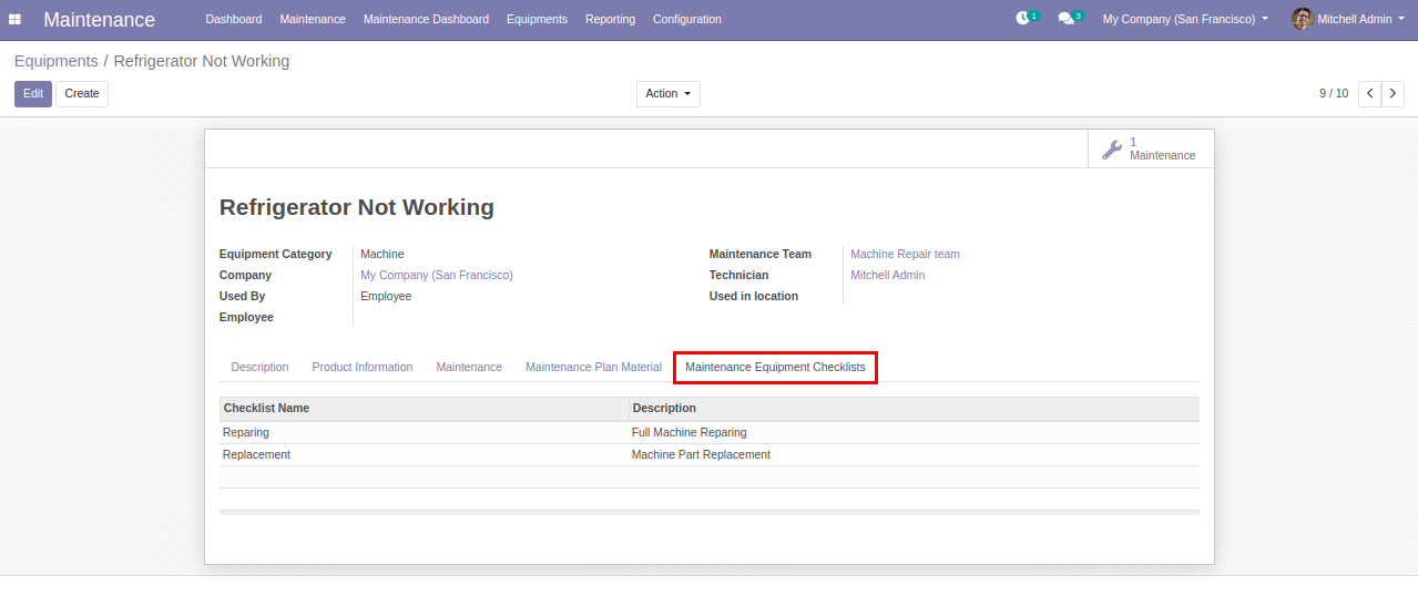 Equipment Maintenance in odoo app