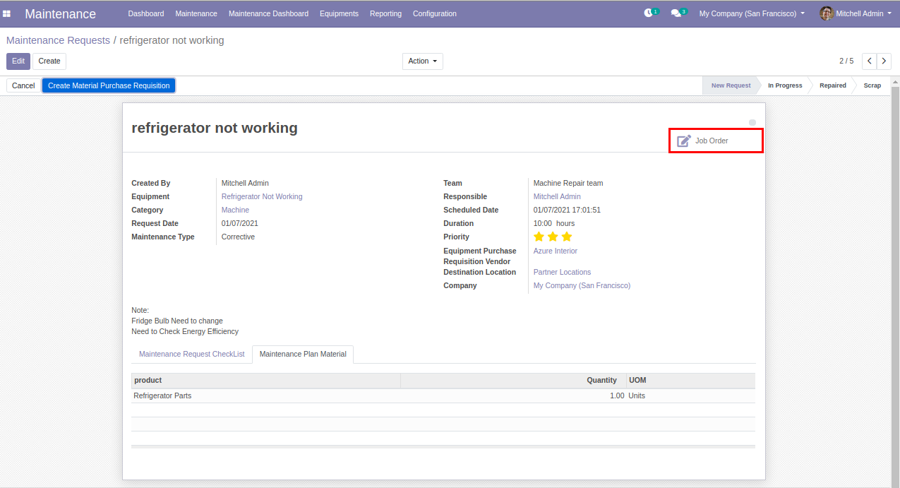 Maintenance management of mechanical equipment in Odoo